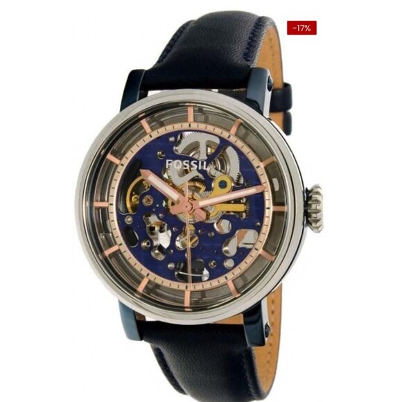 FOSSIL Automatic Watch Analog/Leather Navy Blue Clear Glass Silver Metal me3136 - Picture 7 of 7